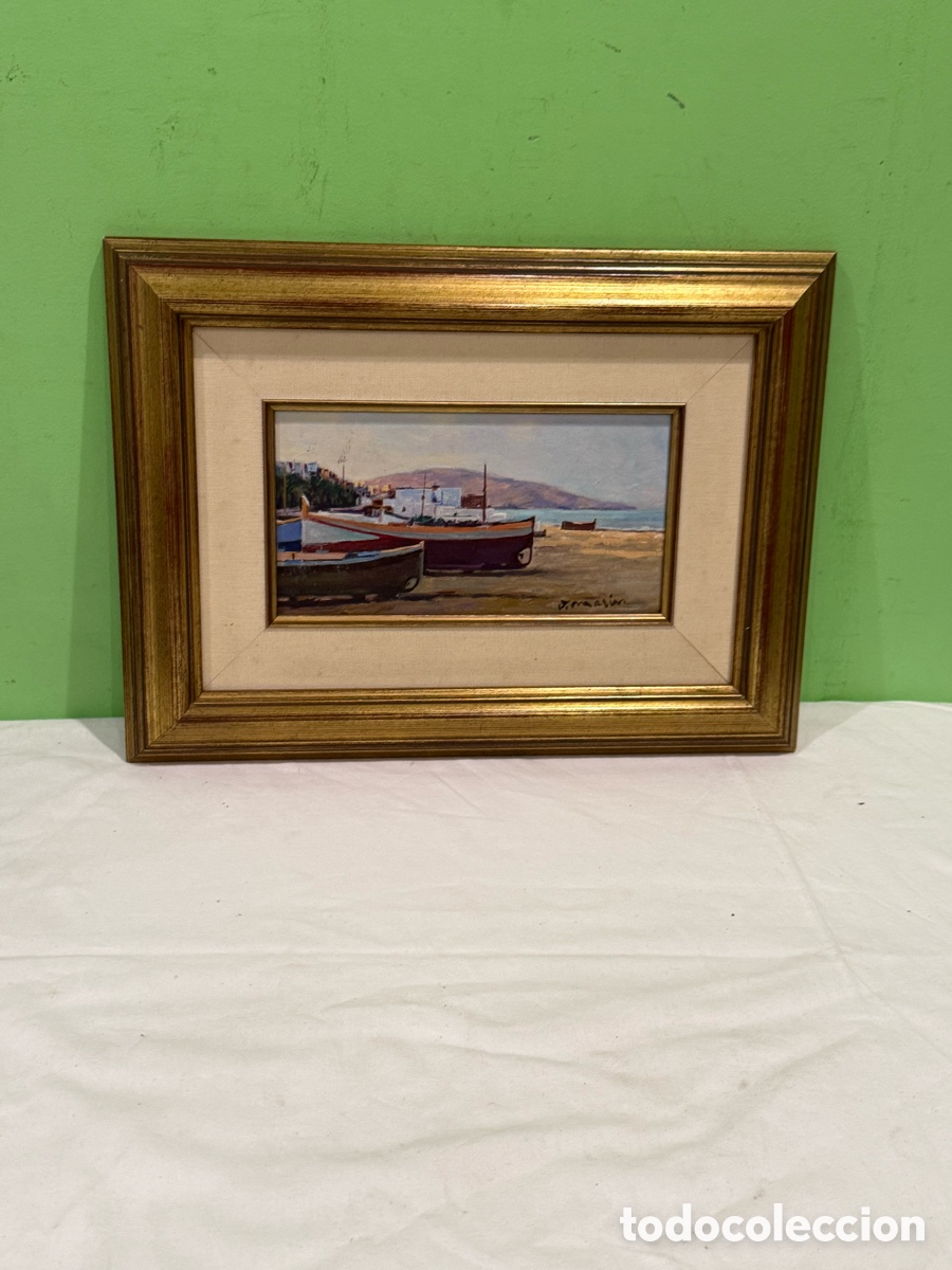 Arte: &Oacute;leo sobre tabla Playa de Badalona El Maresme Barcelona firmado J Mar&iacute;n enmarcado