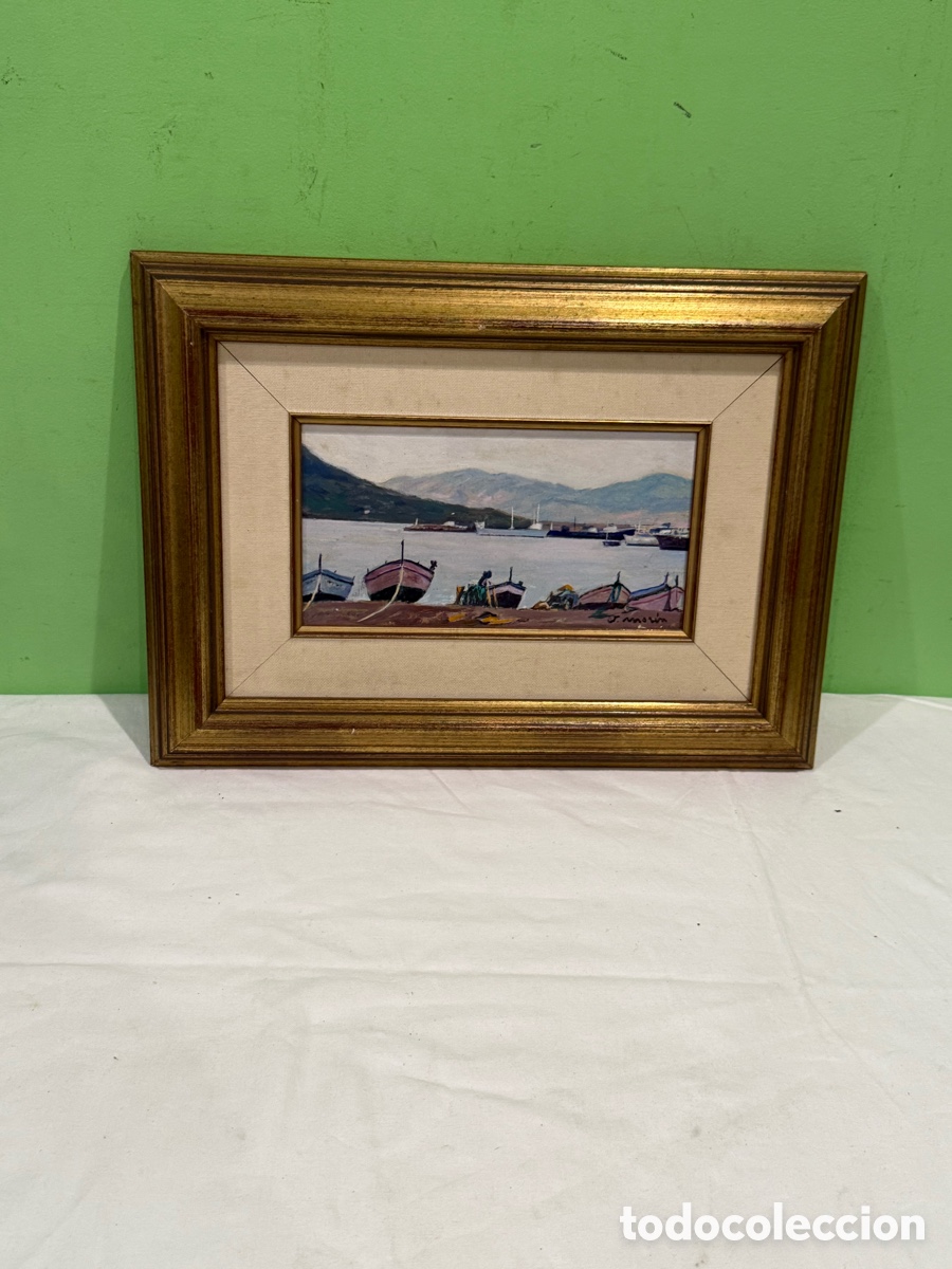 Arte: &Oacute;leo sobre lienzo Puerto de la Selva Costa Brava Girona firmado J Mar&iacute;n enmarcado