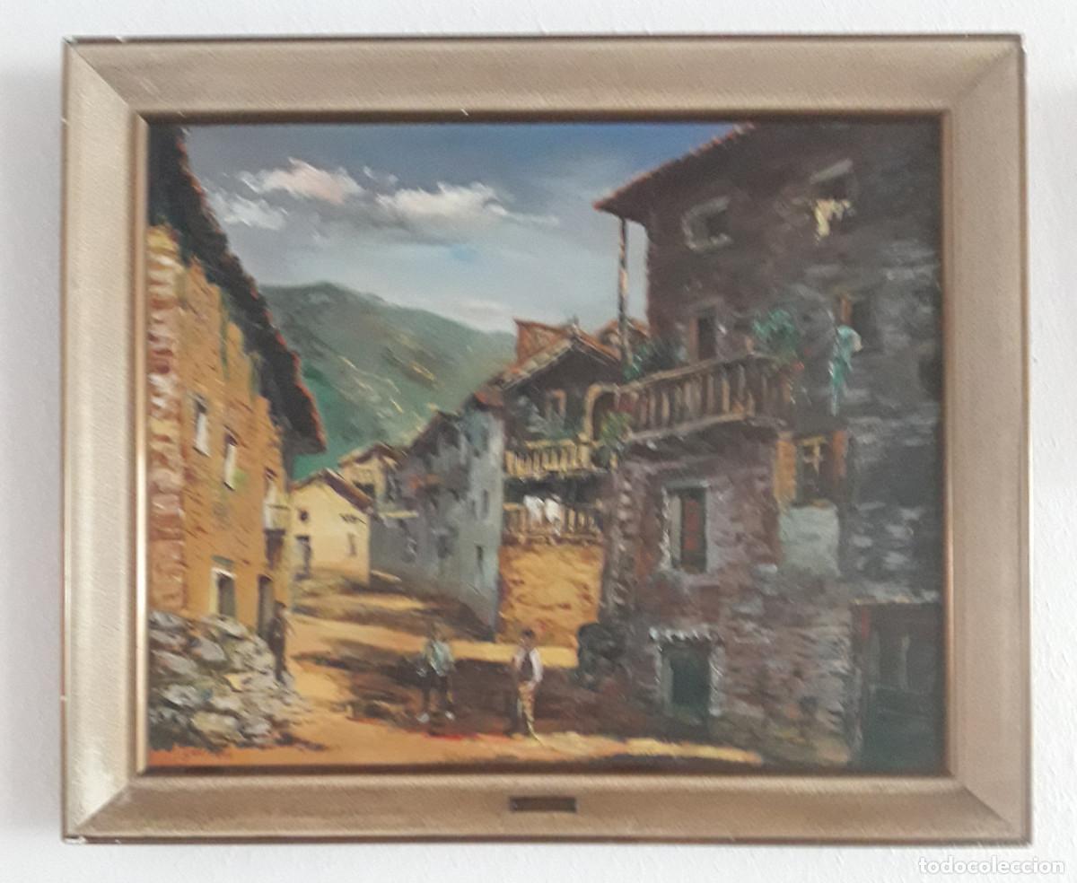 Arte: CUADRO ANTIGUO PINTADO AL &Oacute;LEO, SOBRE LIENZO, PUEBLO DE CASAS, FIRMA G.ESTEBAN.
