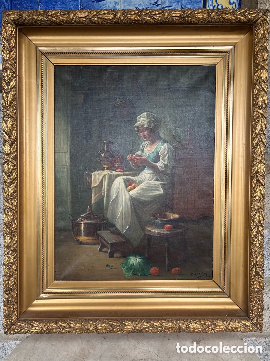 Arte: Modeste Carlier (B&eacute;lgica, 1820 - 1878) Ni&ntilde;a en la cocina