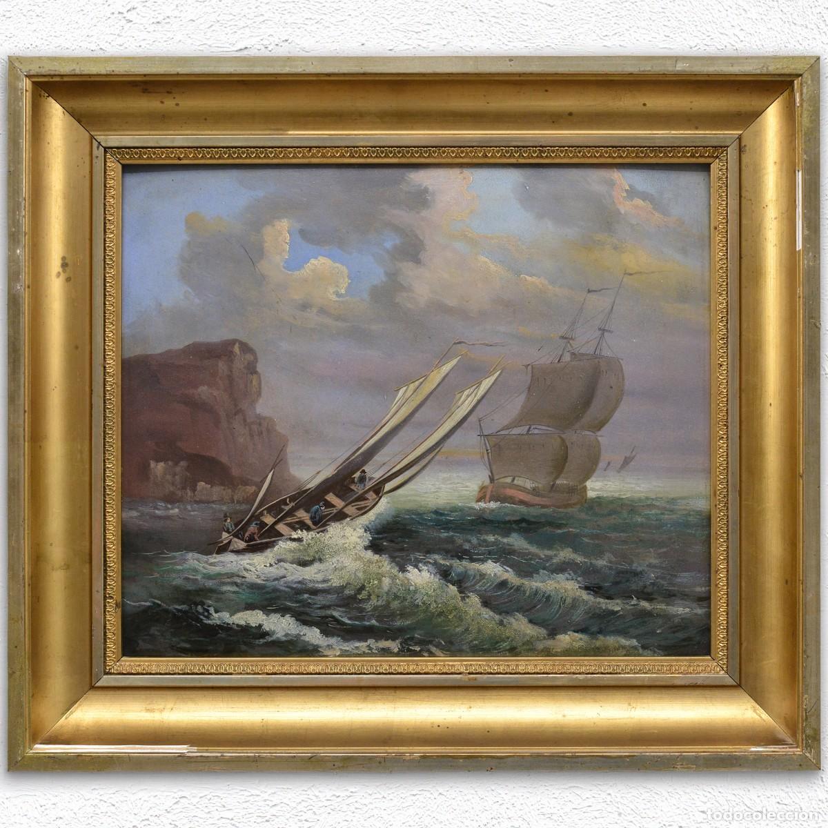 Arte: Antique Late 19th Century Romantic Seascape Sailboats in Storm Oil Panel Framed