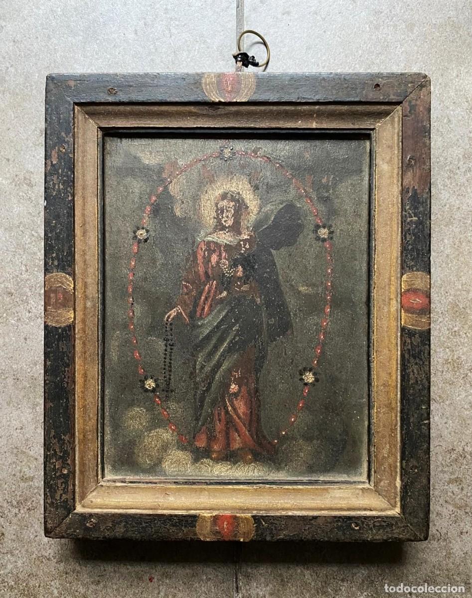 Arte: Arc&aacute;ngel, pintura al &oacute;leo sobre madera, siglo XVIII, marco caja original.