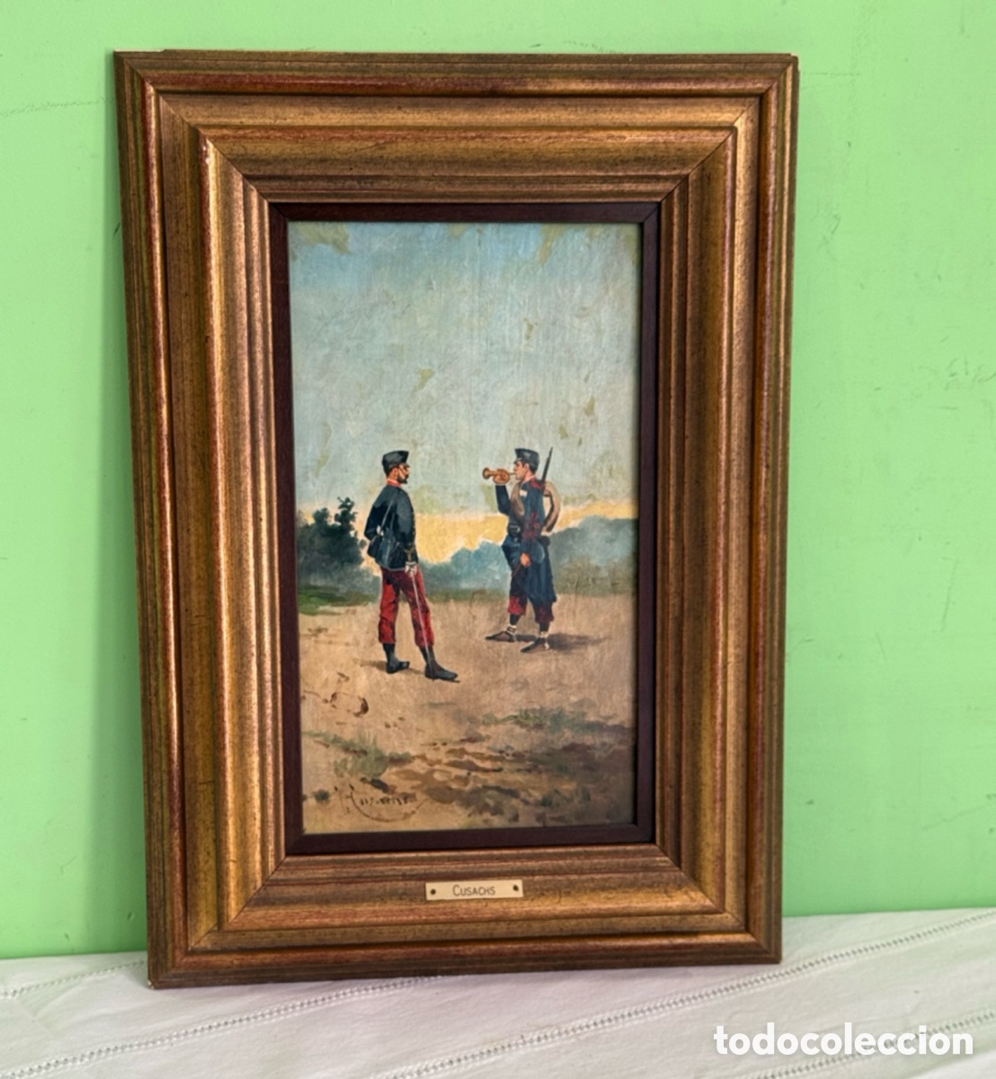 Arte: Cusachs . &Oacute;leo sobre tablex firmado y enmarcado escena militar soldados marco dorado.