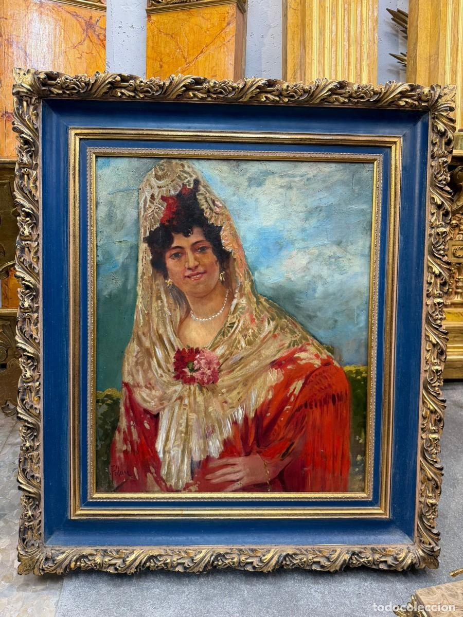 Arte: Retrato costumbrista de mujer con mant&oacute;n, bonito marco en azul y dorado (firmado).