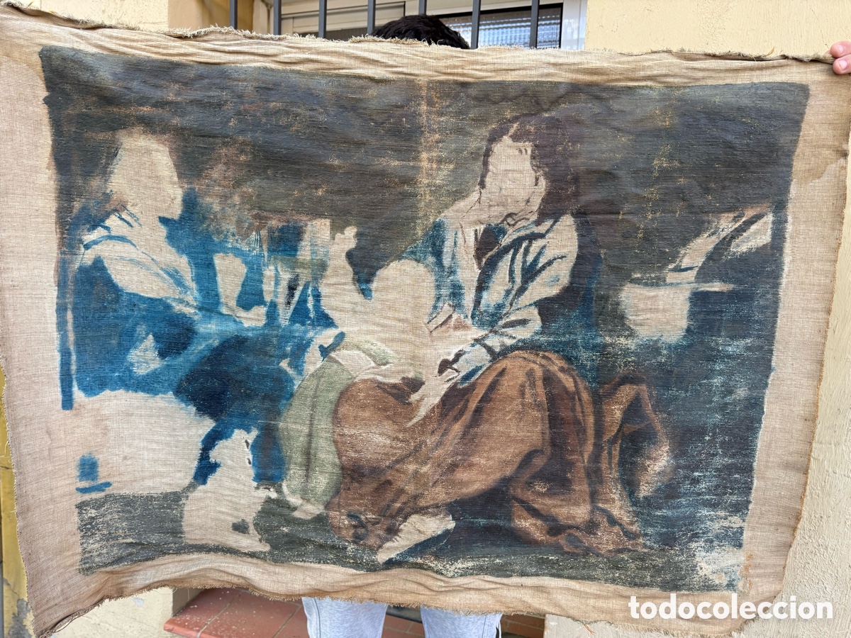 Arte: Gran &oacute;leo antiguo sobre lienzo siglo XIX escena costumbrista inacabada escuela europea.(105X77cm).
