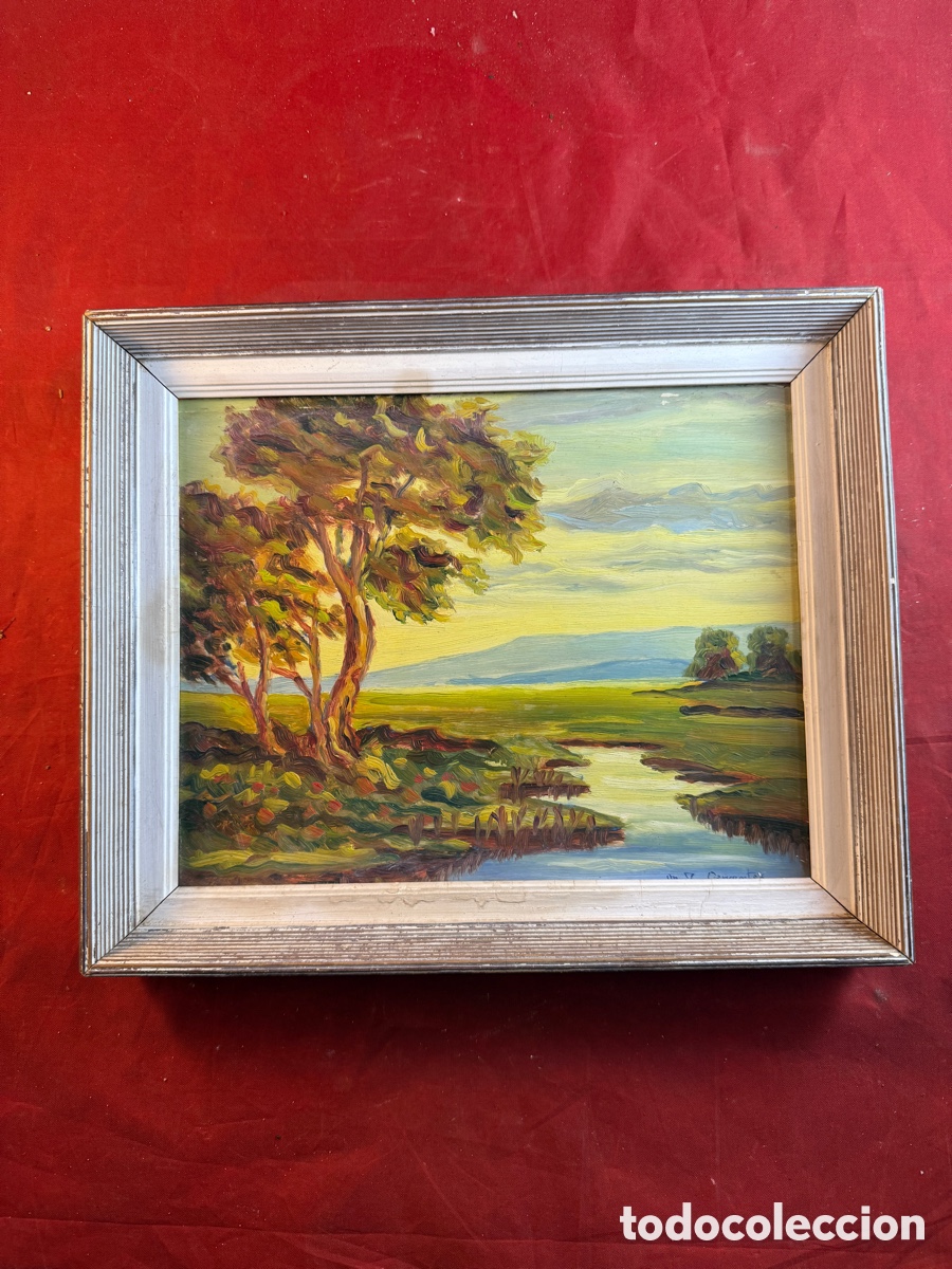 Arte: Paisaje con r&iacute;o y &aacute;rboles. &Oacute;leo sobre tablex