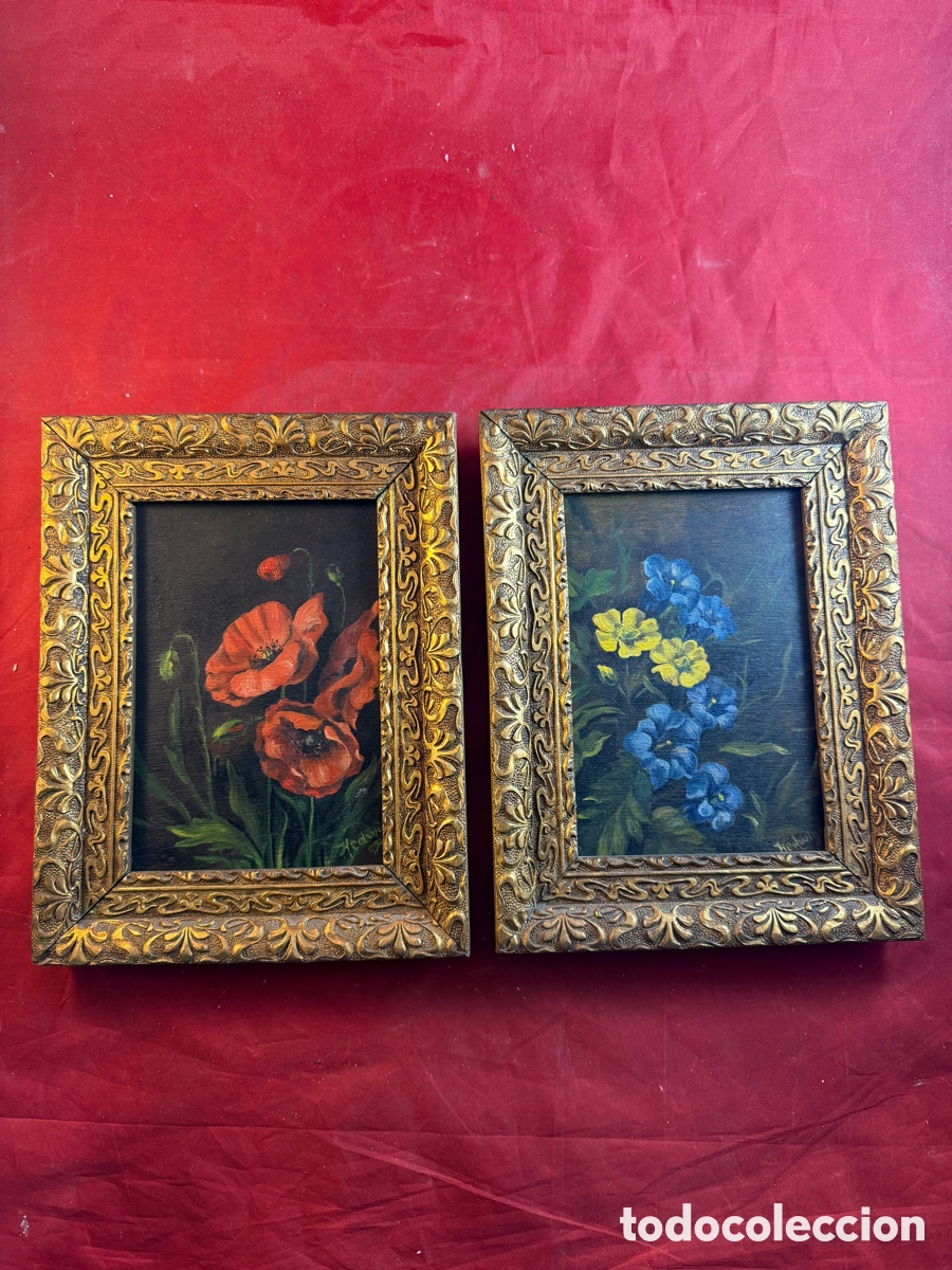 Arte: Par de peque&ntilde;os &oacute;leos originales sobre tabla (madera) con motivos florales.