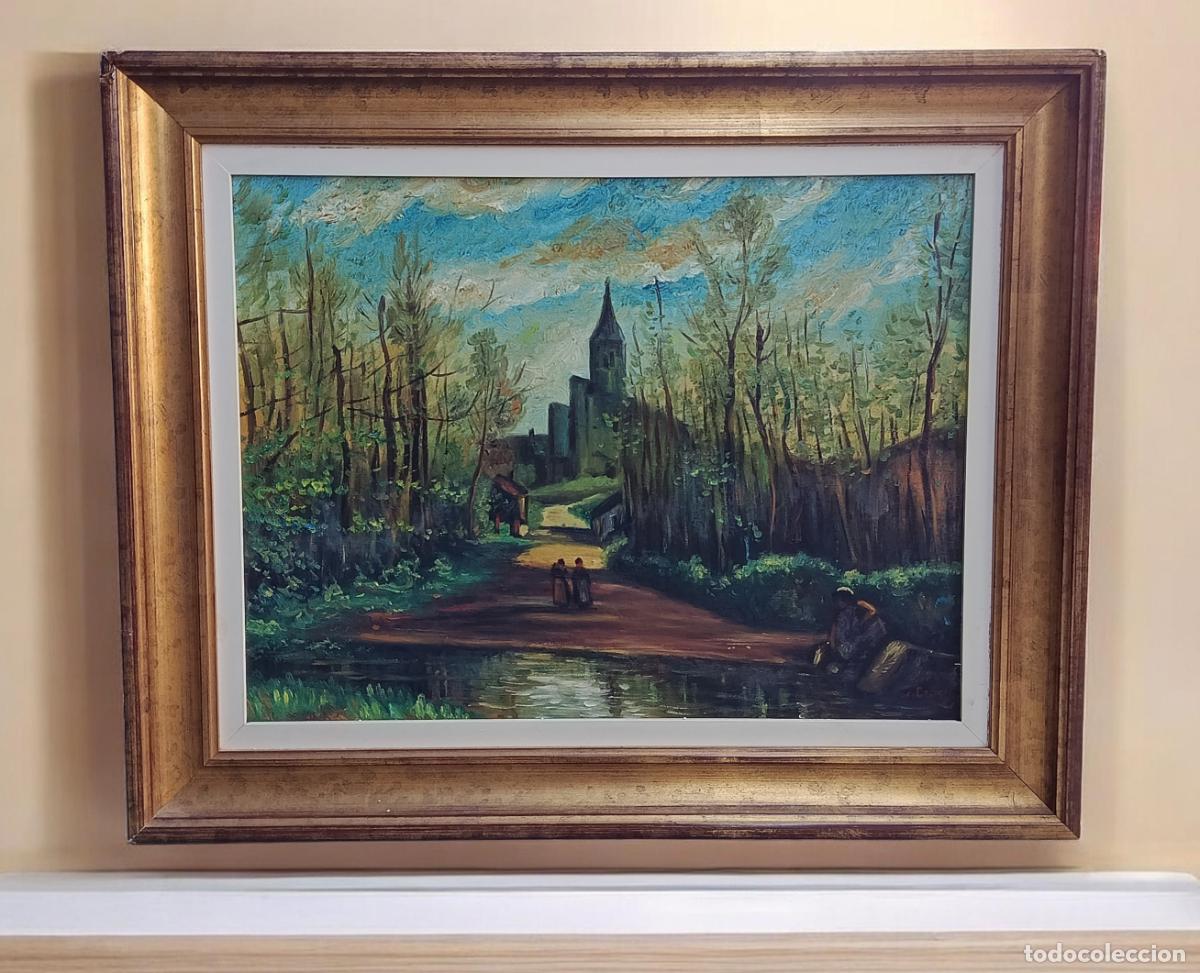 Arte: &Oacute;leo vintage firmado G. Crespi &ndash; paisaje rural europeo con iglesia