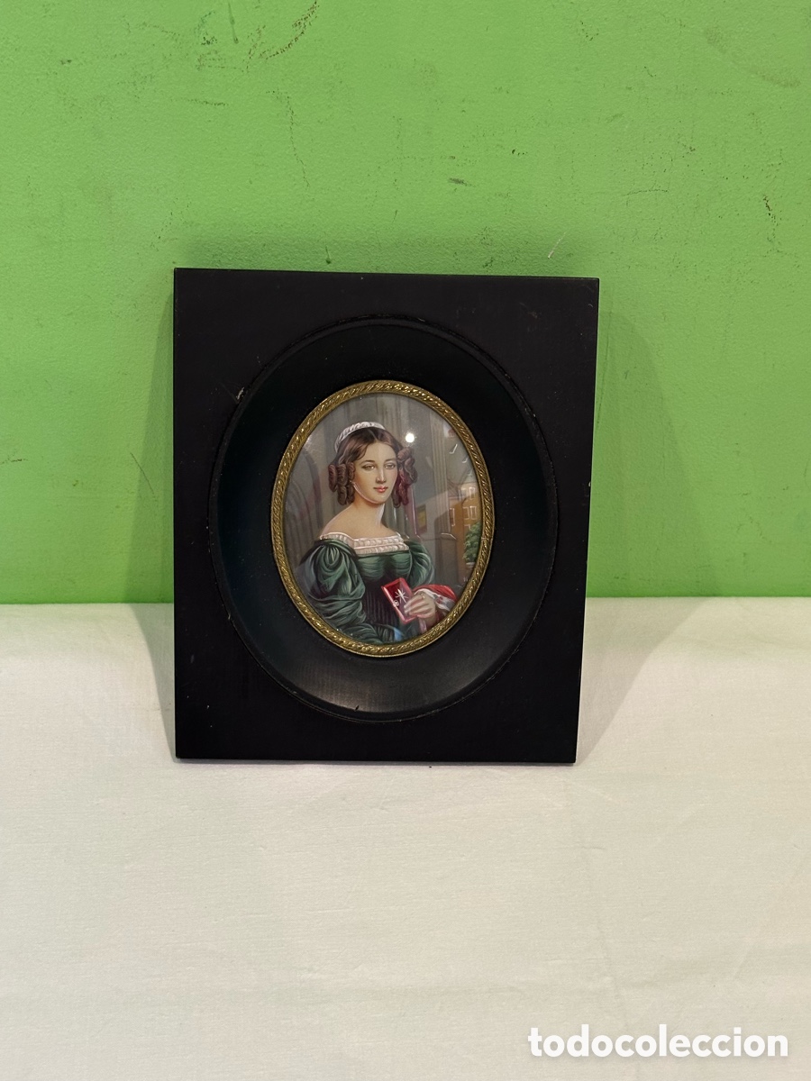 Arte: &Oacute;leo en miniatura sobre marfil firmado - Retrato femenino S. XIX - Marco de marfil Bajo cristal