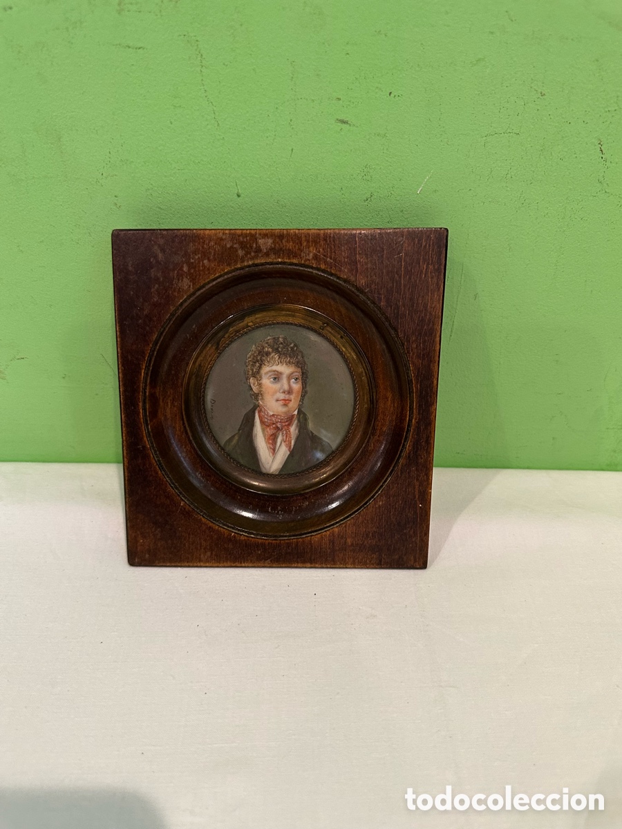 Arte: &Oacute;leo en miniatura sobre marfil firmado - Retrato femenino S. XIX - Marco de marfil Bajo cristal