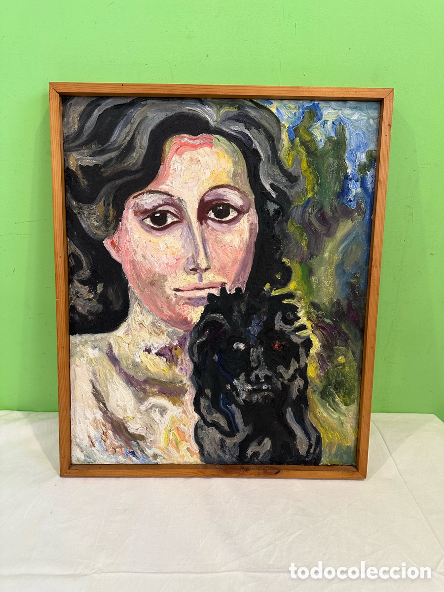 Arte: &Oacute;leo sobre lienzo retrato femenino con figura oscura obra contempor&aacute;nea