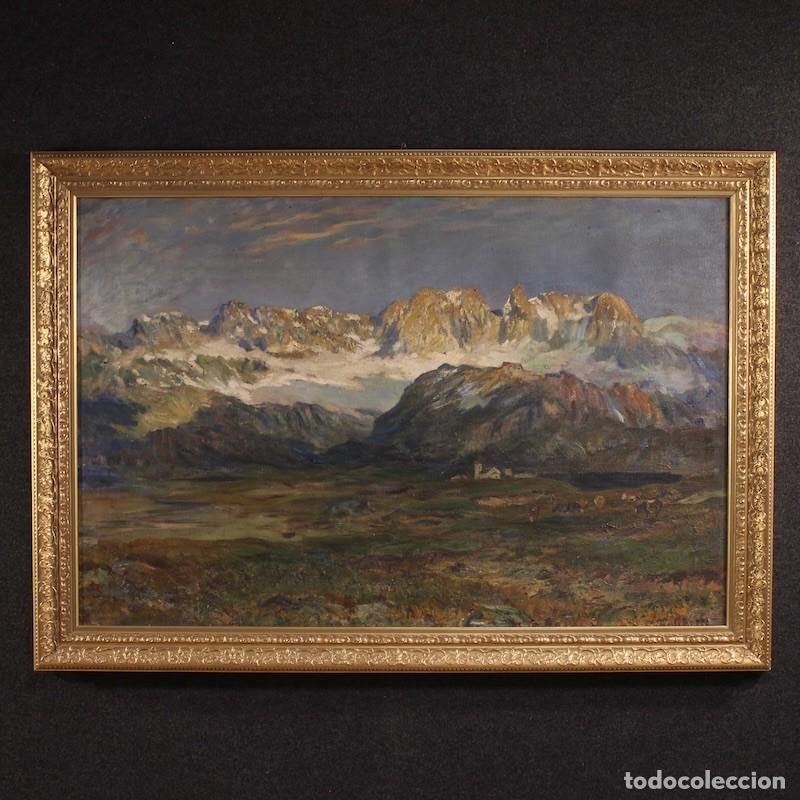 Arte: Cuadro antiguo italiano firmado de paisaje de monta&ntilde;a del siglo XIX.