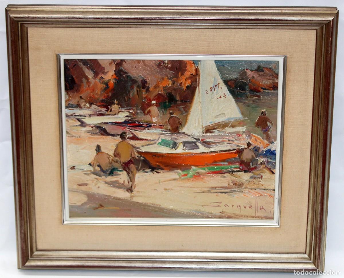 Arte: JOSEP SARQUELLA ESCOBET (1928-2000) OLEO SOBRE TELA. JORNADA VERANIEGA JUNTO AL MAR