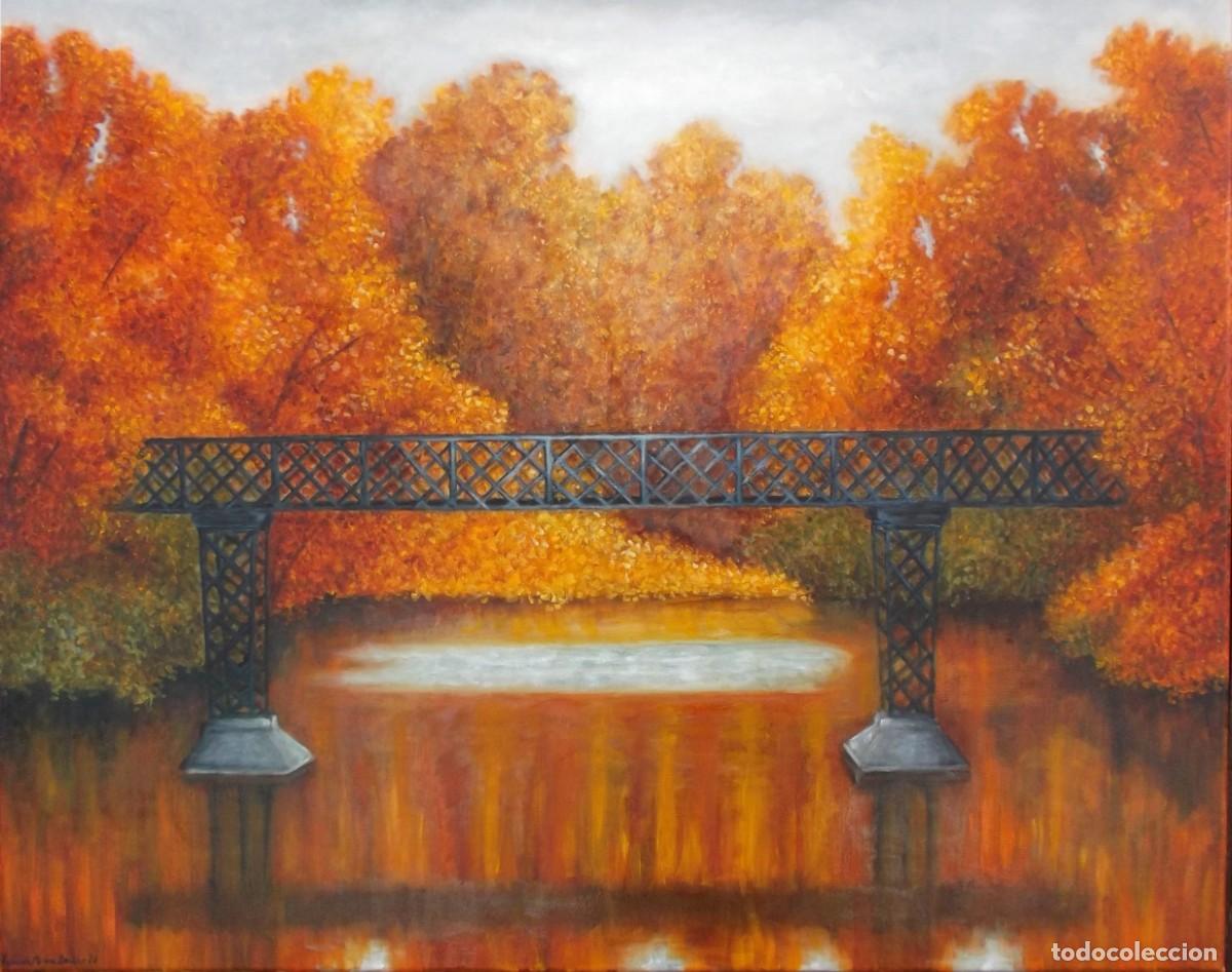 Arte: Puente sobre lago en oto&ntilde;o, &oacute;leo sobre lienzo 92 x 73 cm - Yolanda Molina Bra&ntilde;as - Certificado