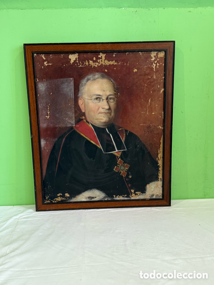 Arte: Antiguo retrato eclesi&aacute;stico &oacute;leo sobre lienzo firmado escuela catalana para restaurar