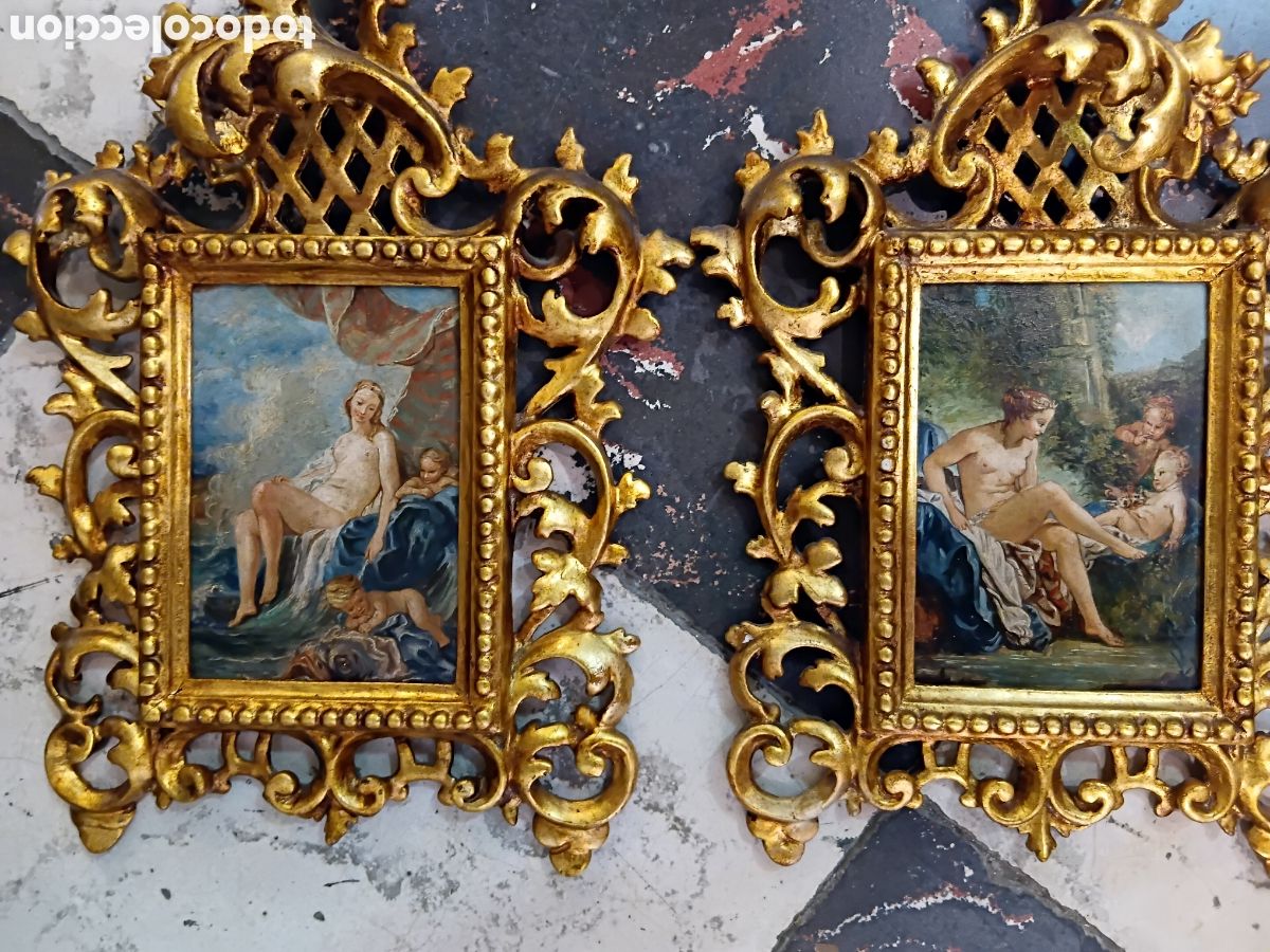 Arte: Pareja de &oacute;leos sobre tabla con marcos en madera dorada cornucopia Escenas mitol&oacute;gicas Siglo XIX