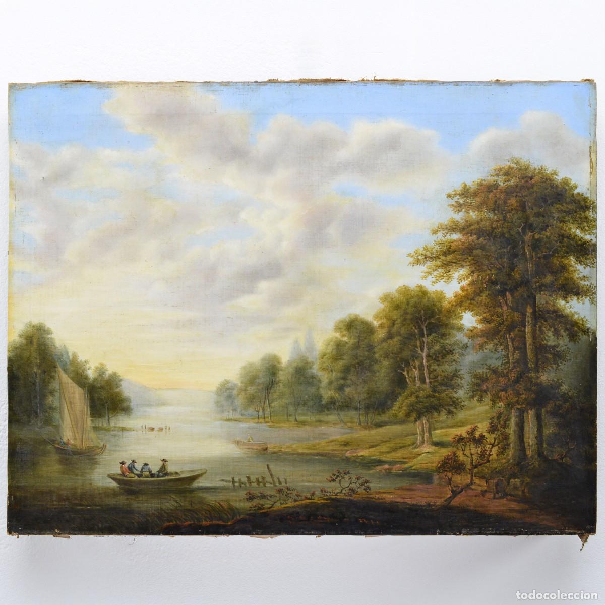 Arte: Original 19th Century Empire European Romantic River Landscape Boats Oil Canvas