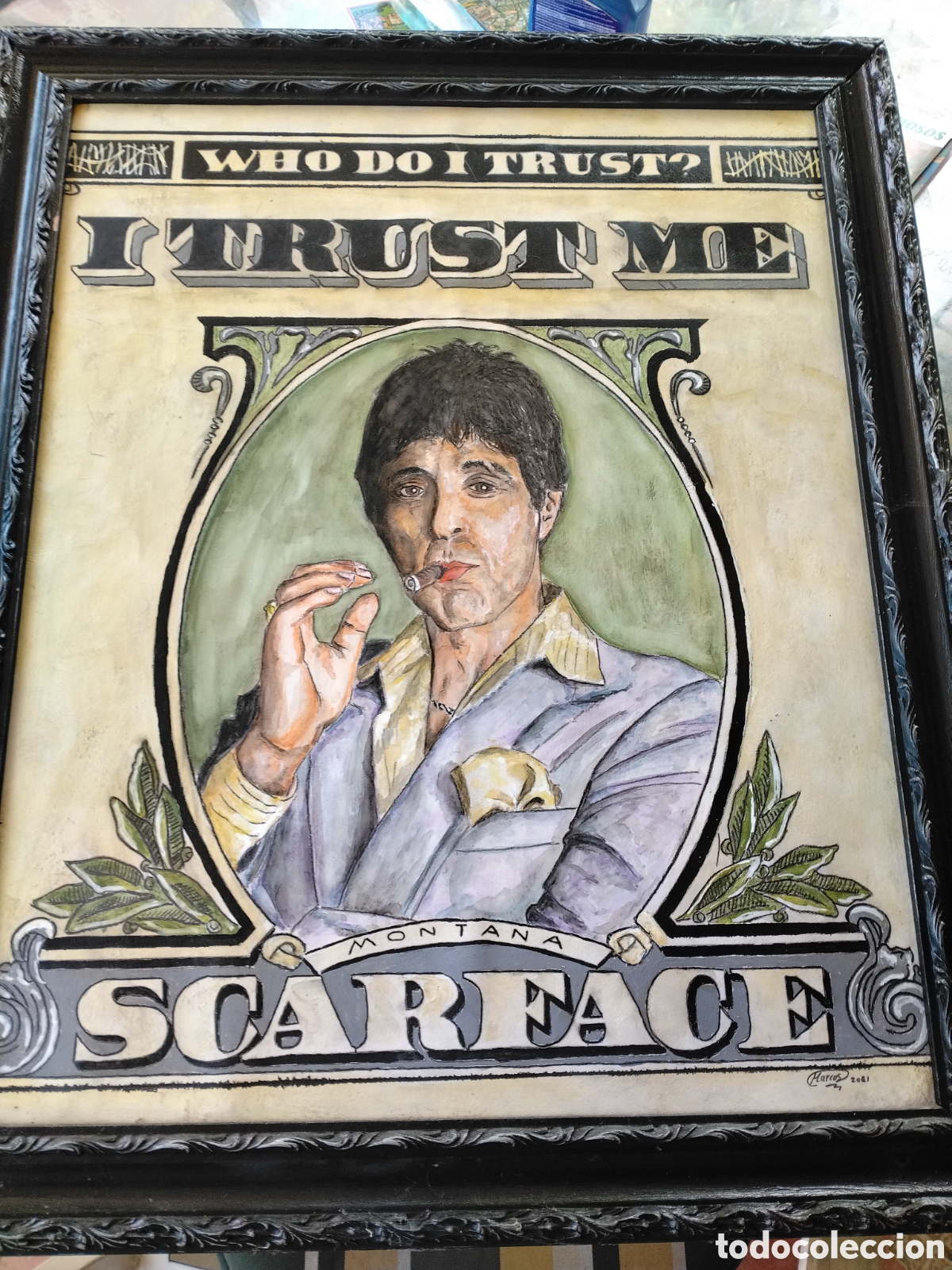 Arte: AL PACINO - TONI MONTANA - EN LA PEL&Iacute;CULA SCARFACE - CUADRO PINTADO CON MARCO - FIRMADO MARCO 2021.