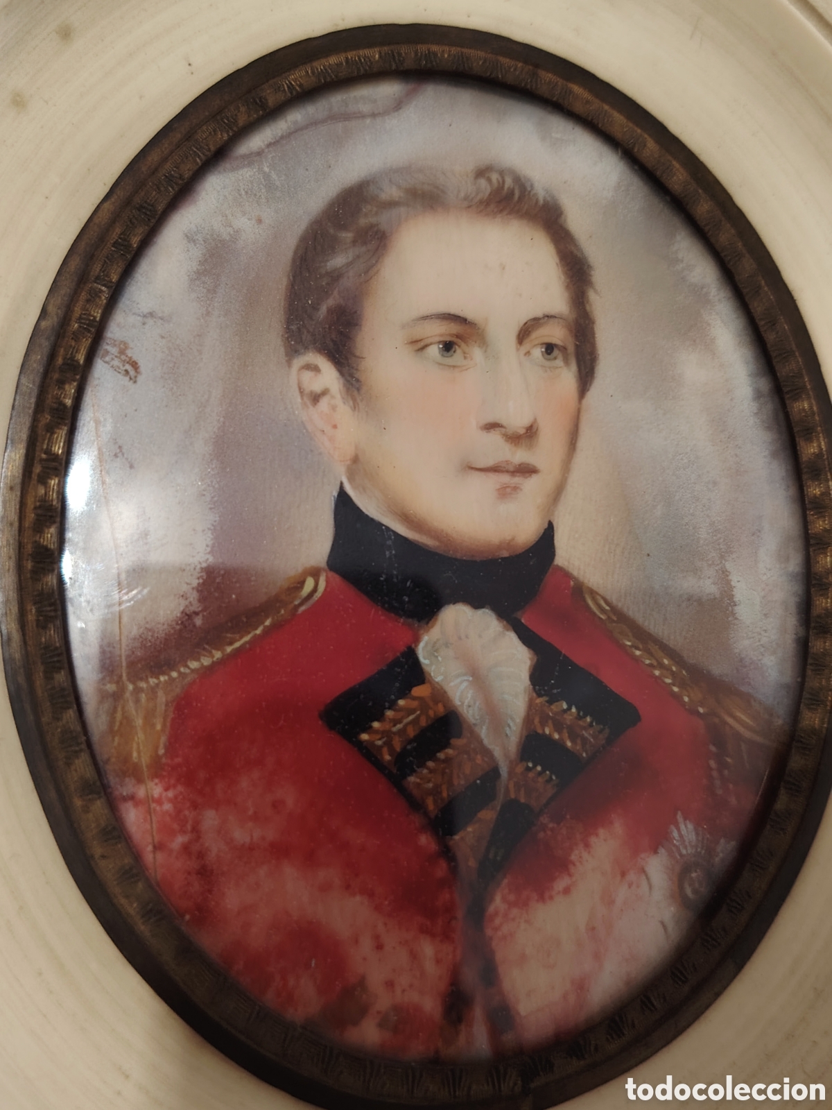 Arte: Antiguo retrato de oficial franc&eacute;s, &oacute;leo pintado a mano por miniaturista. Napoleon III