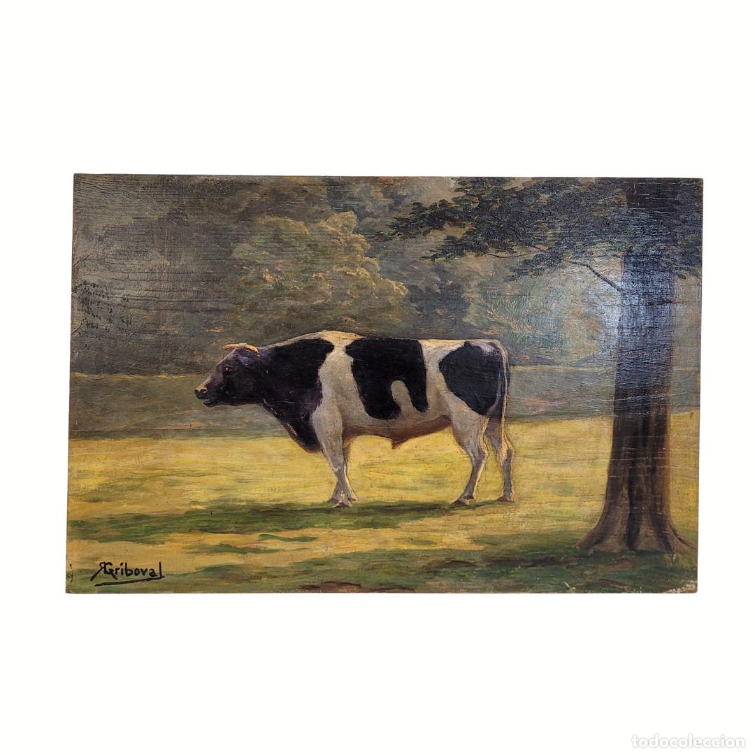 Arte: &Oacute;leo sobre tabla &ldquo;vaca&rdquo;, Roger Griboval, Escuela de Rouen , 80&rsquo;s - Francia