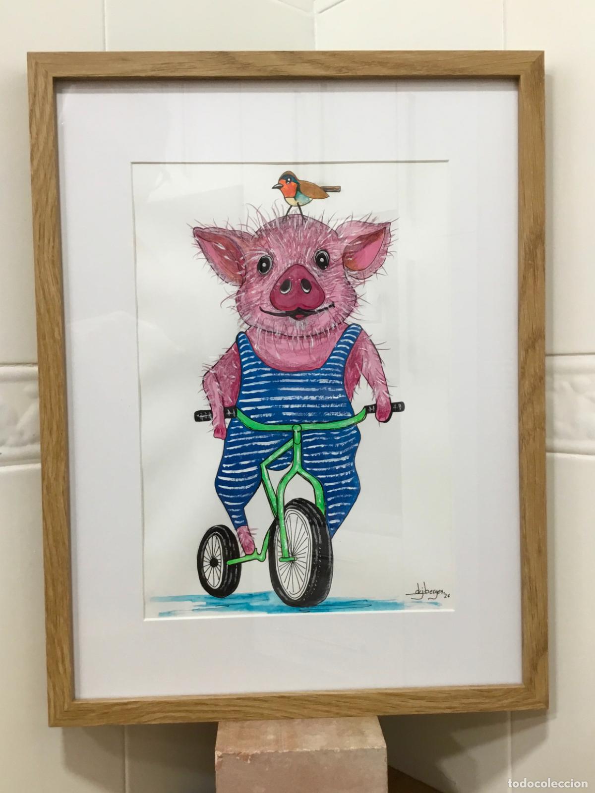 Arte: Cerdito ciclista. Acr&iacute;lico y plumilla sobre papel.