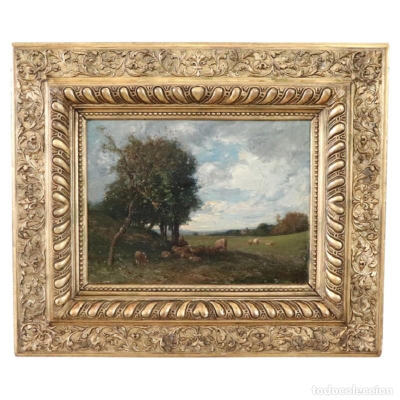 Arte: &Oacute;leo sobre tabla, paisaje con reba&ntilde;o, firmado por V. Bussolino, Italia, siglo XIX