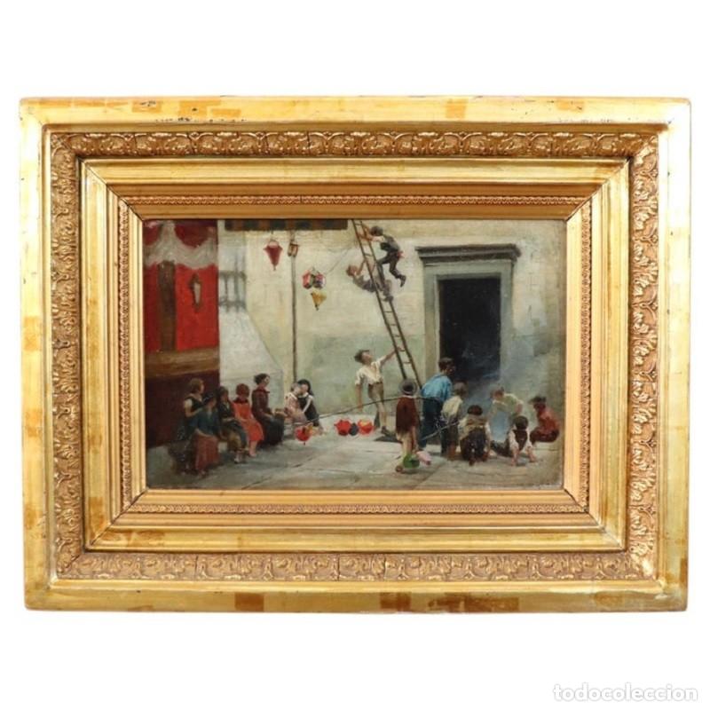 Arte: &Oacute;leo sobre lienzo, Ni&ntilde;os jugando, Italia, siglo XIX
