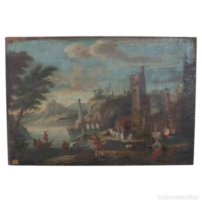 Arte: Paisaje costero, pintura al &oacute;leo antigua sobre lienzo, Italia, siglo XVIII