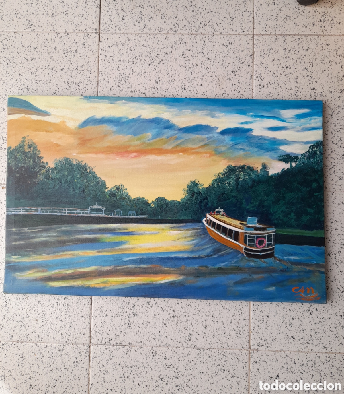 Art: &Oacute;leo &rdquo;Lancha en el Delta&rdquo; - Carmen Andr&eacute;s Melero - 62x39 cm - Cantos Pintados