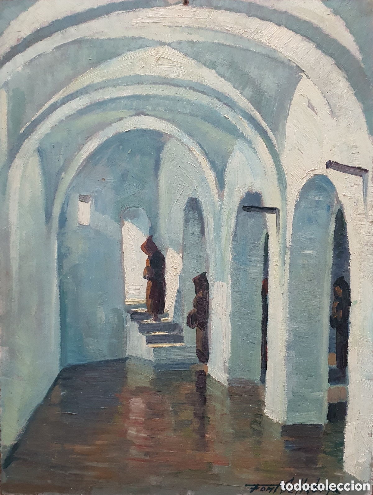 Arte: Jos&eacute; Font Sellabona (Barcelona, 1928-2010) - Interior de Claustro.Oleo/Tabla.Firmado.