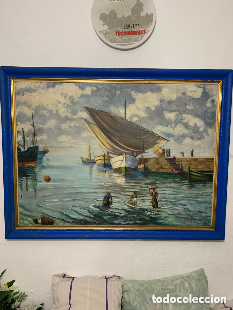 Arte: Alcudia muelle de pescadores Mallorca A Gallardo 64 oleo lienzo