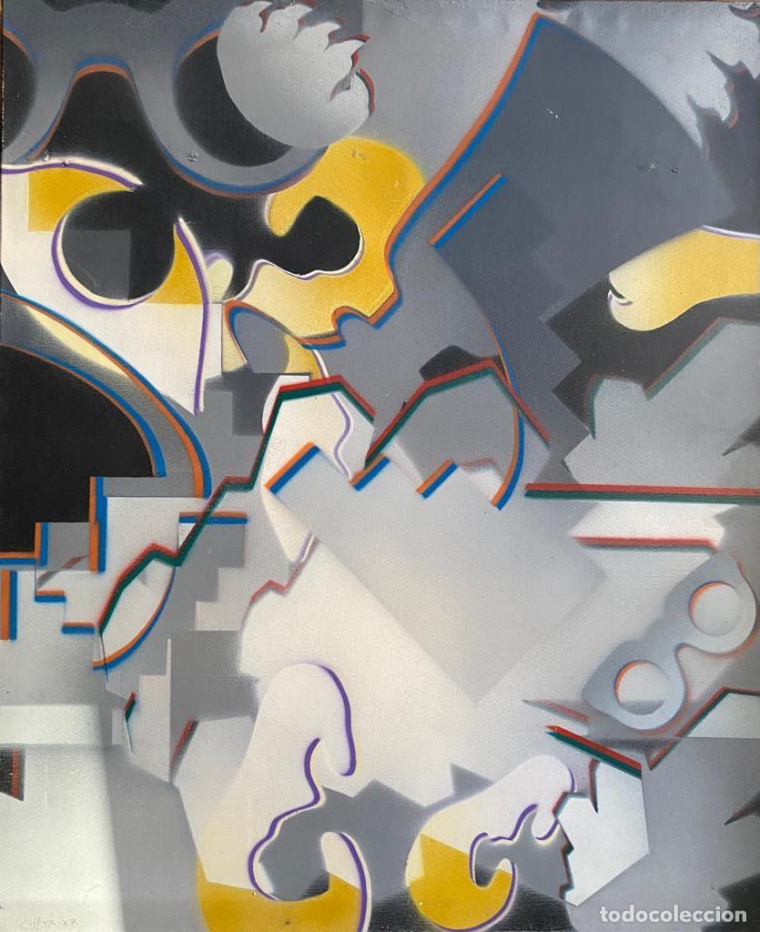 Arte: Jaume Xifra, motivo abstracto y geom&eacute;trico, 1980's, pintura acr&iacute;lica sobre tela. 73x60cm