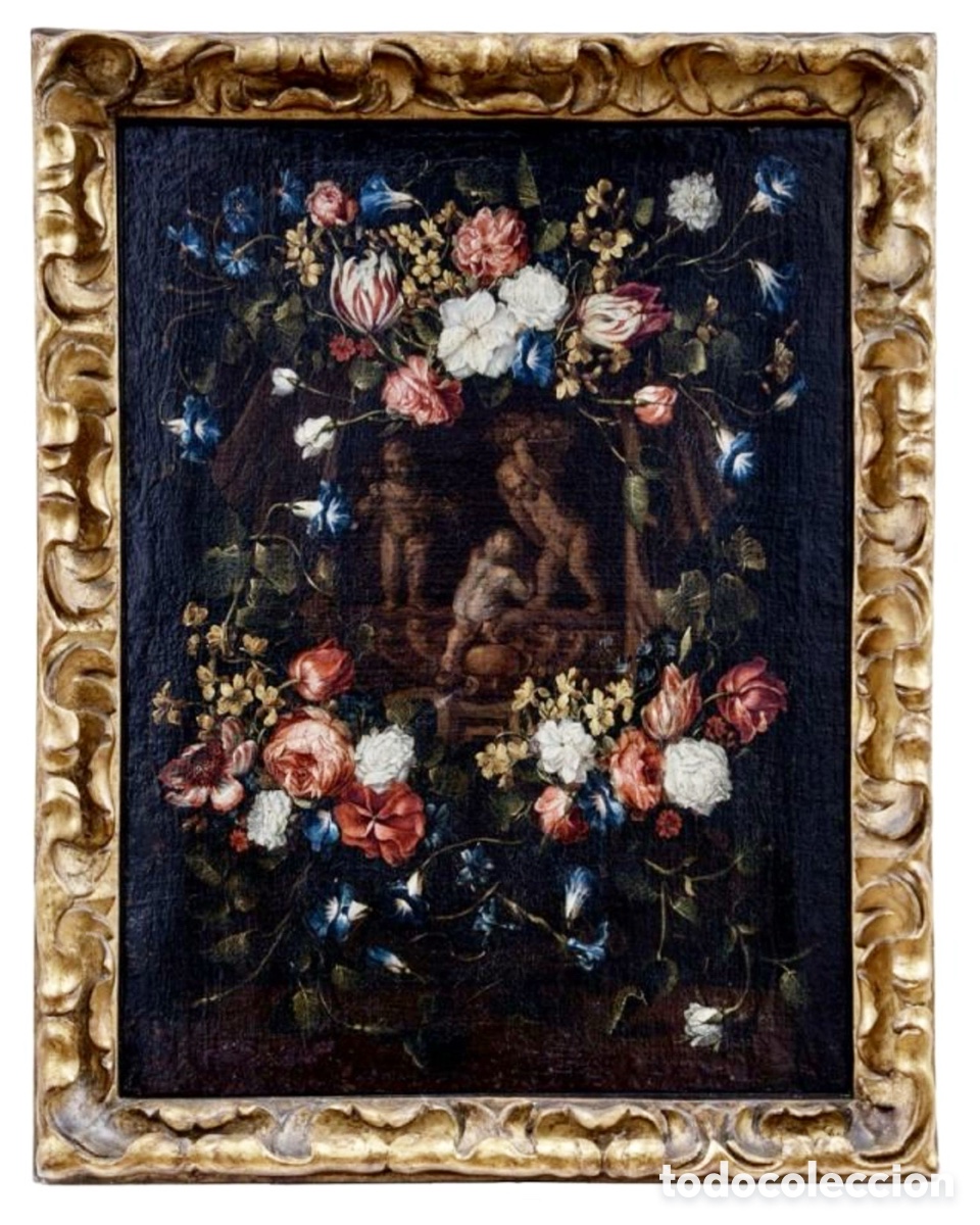 Kunst: Abraham Brueghel (Attrib.) Three sweethearts in a garland of flowers (Antweres, 1631-90)