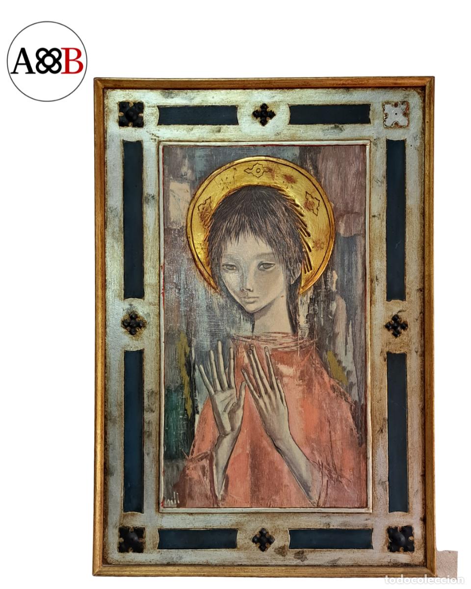 Arte: PINTURA ORIGINAL SOBRE TABLA - FIGURA FEMENINA CON NIMBO EN PAN DE ORO - T&Eacute;CNICA MIXTA - MARCO RETAB