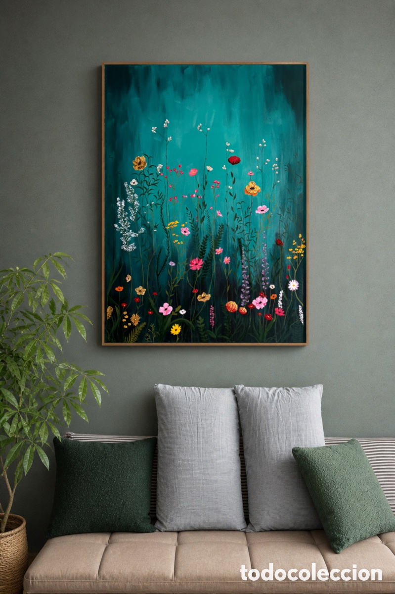 Arte: Original Floral Painting 50x70 cm &ndash; Wildflower Meadow, Teal Background, Botanical Wall Art