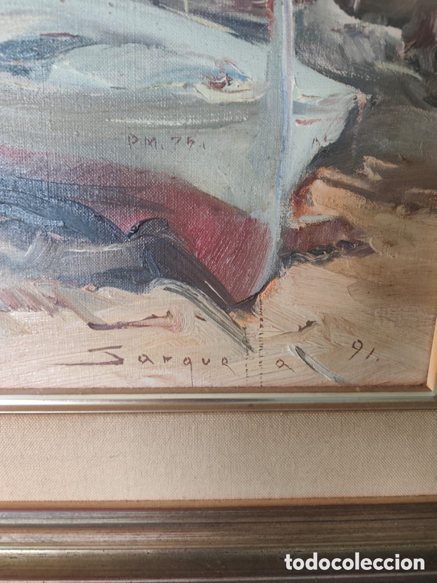 Arte: Cuadro oleo Josep Sarquella,Cala i barcas
