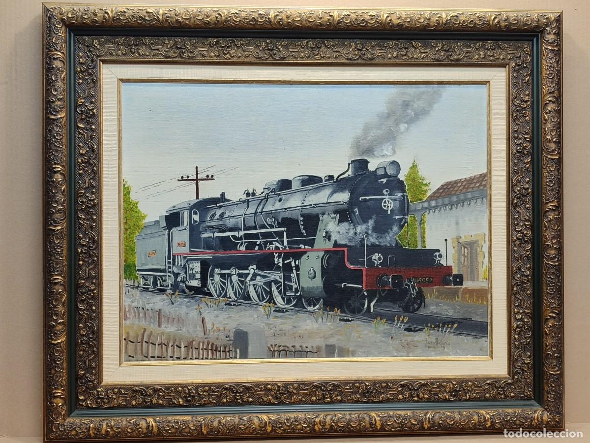 Arte: Locomotora a vapor. Pintura original al oleo de J. A. Fernandez. Cuadro.