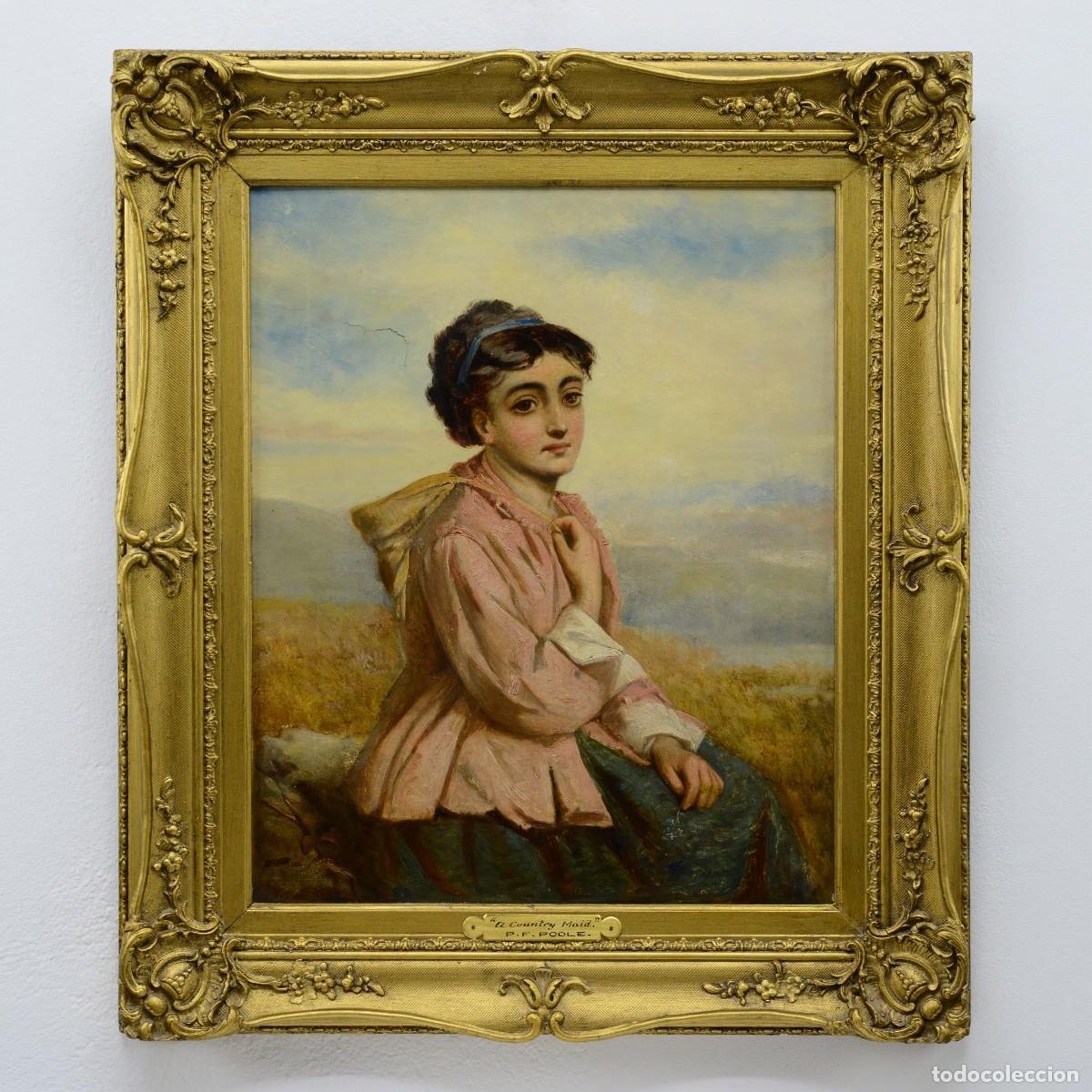 Arte: 19th Century British Victorian Romantic Young Woman Portrait Oil Canvas Framed