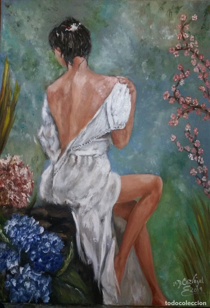 Arte: &Oacute;leo sobre lienzo mujer en el Jard&iacute;n&rdquo; - 70x50 cm - (2019)