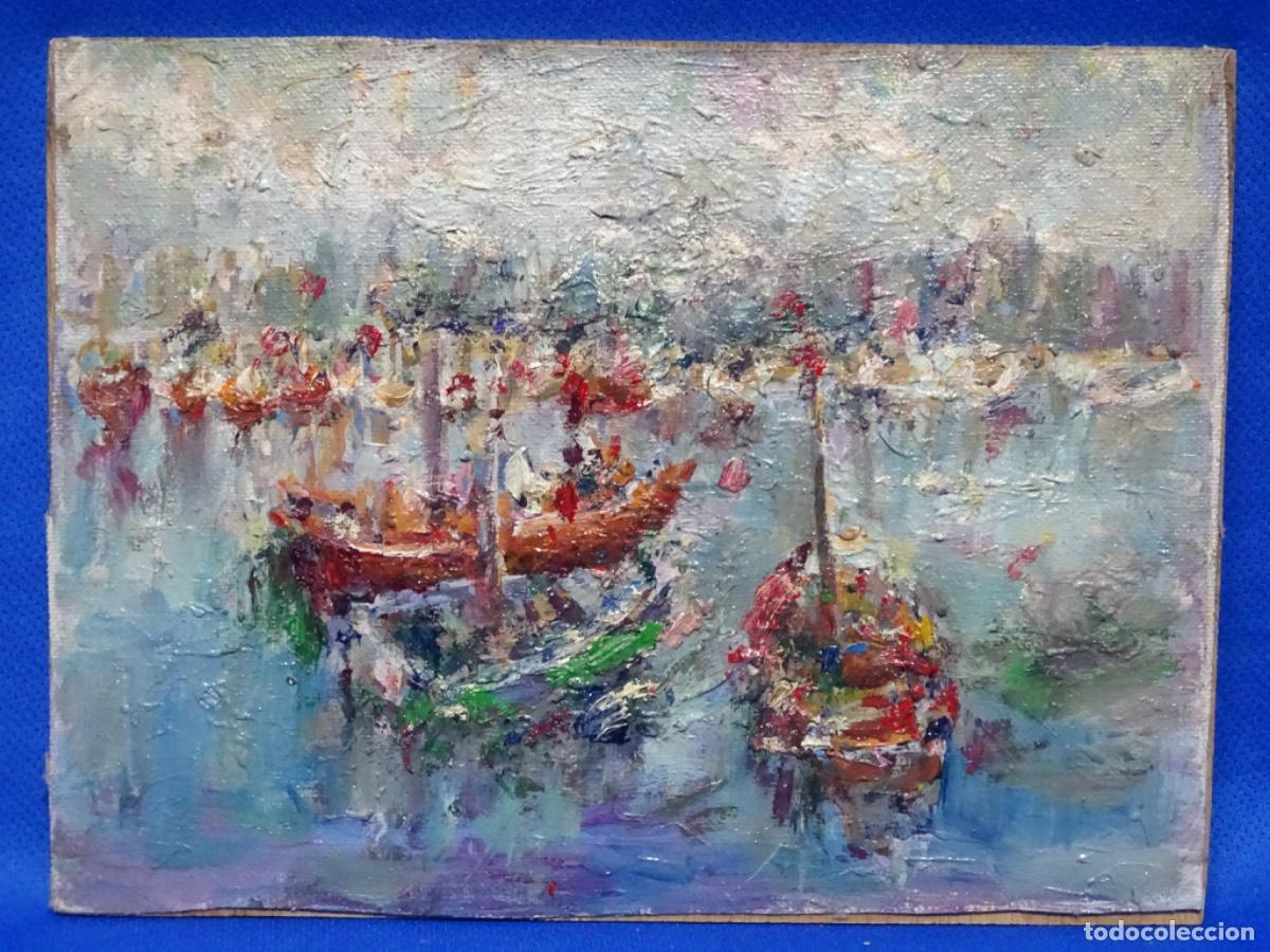 Arte: &Oacute;LEO SOBRE TELA PEGADO A TABLEX ANONIMO. PUERTO. COLORIDO Y EXPRESIONISTA.