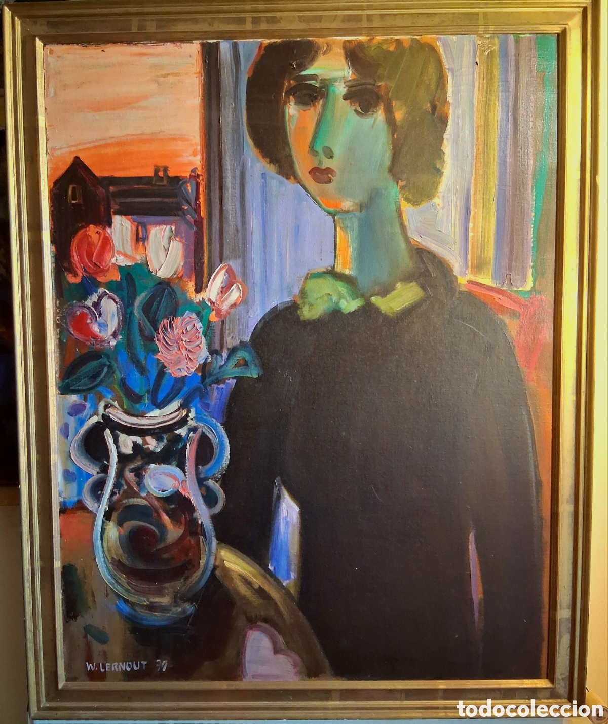 Arte: Ward LERNOUT (Flandes,1931-2019) &rdquo;Muchacha con vestido azul &rdquo; &oacute;leo sobre lienzo (90 x 70) 1979