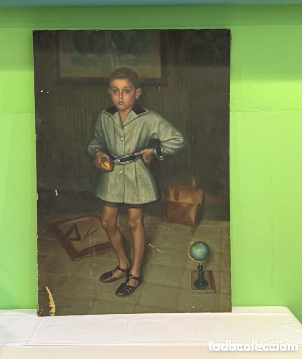 Arte: Arturo Mart&iacute;nez Cabezas (Valencia 1899) gran retrato de ni&ntilde;o &oacute;leo sobre lienzo 146 x 100 cm.