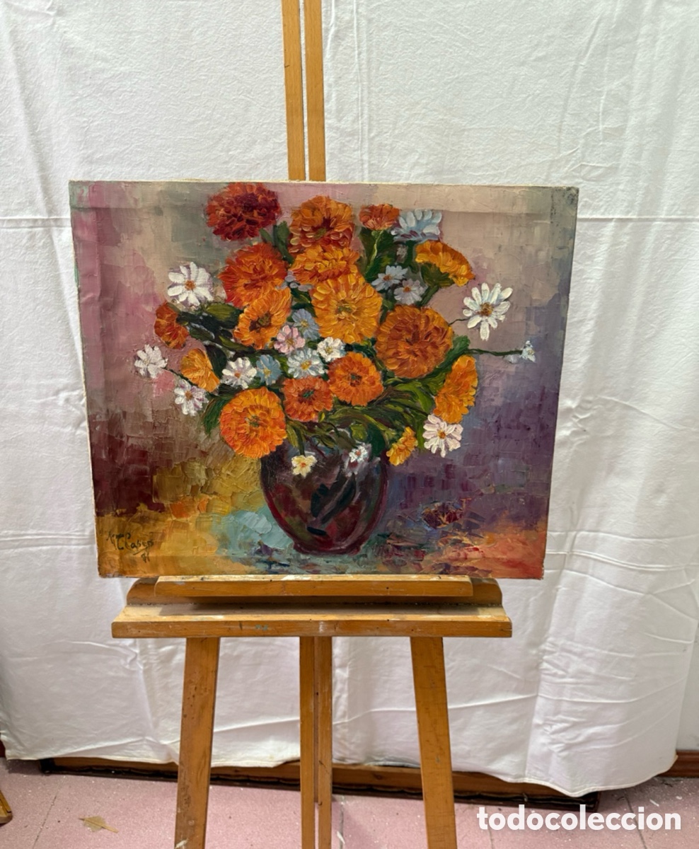 Arte: Bodeg&oacute;n de flores &oacute;leo sobre lienzo firmado 1971. leer descripci&oacute;n. Medidas(55X46cm).