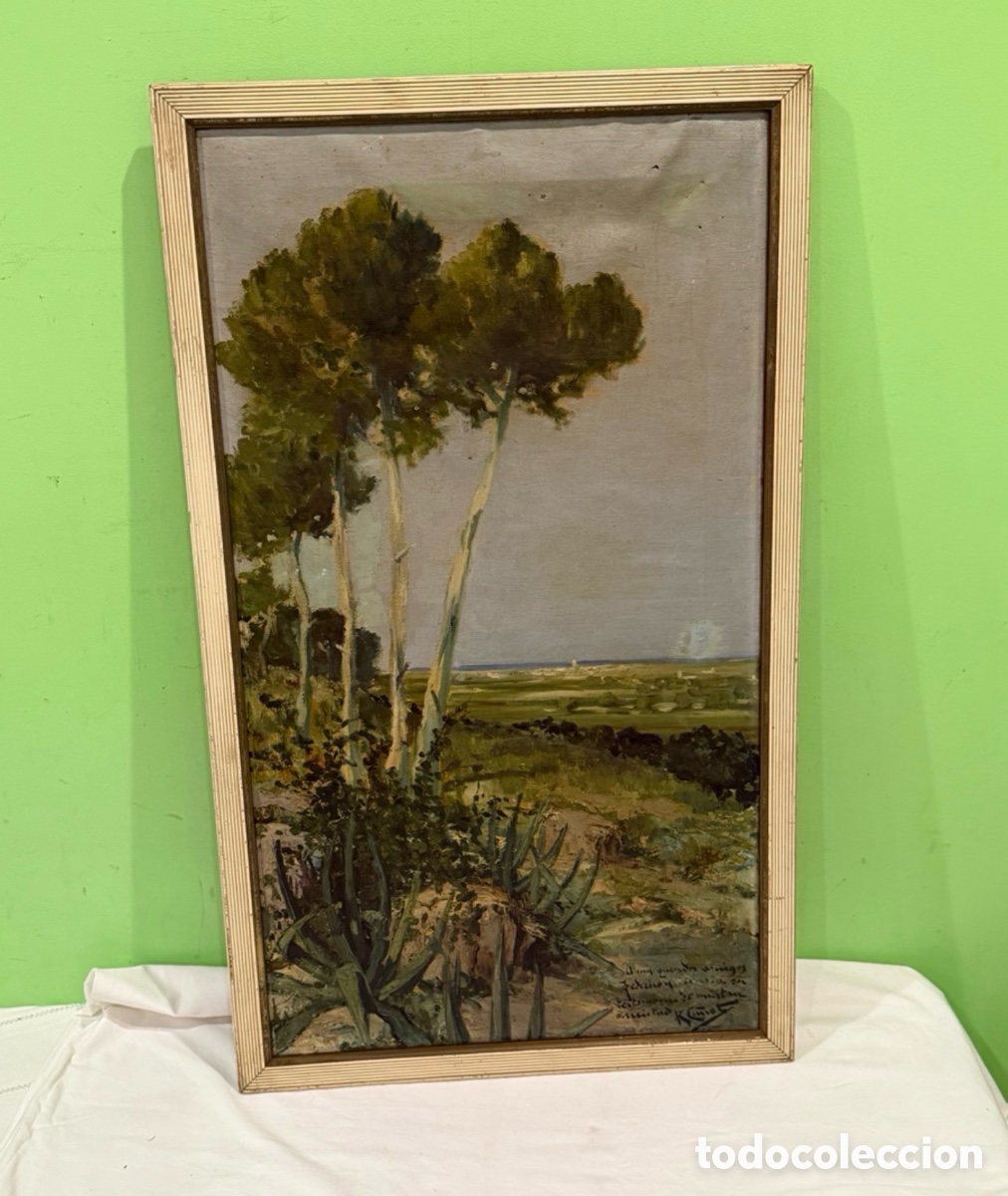 Art: R Cu&ntilde;at &oacute;leo sobre tablex paisaje firmado enmarcado obra a estudiar
