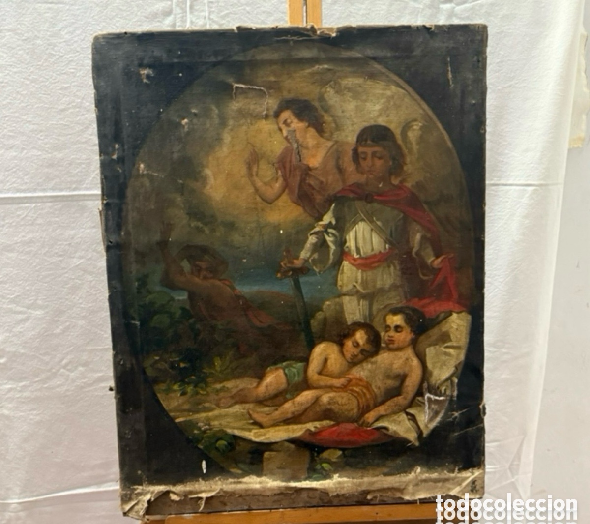 Arte: Antiguo &oacute;leo religioso s. XVII-XVIII - escena b&iacute;blica con &aacute;ngel y ni&ntilde;os - pintura antigua.