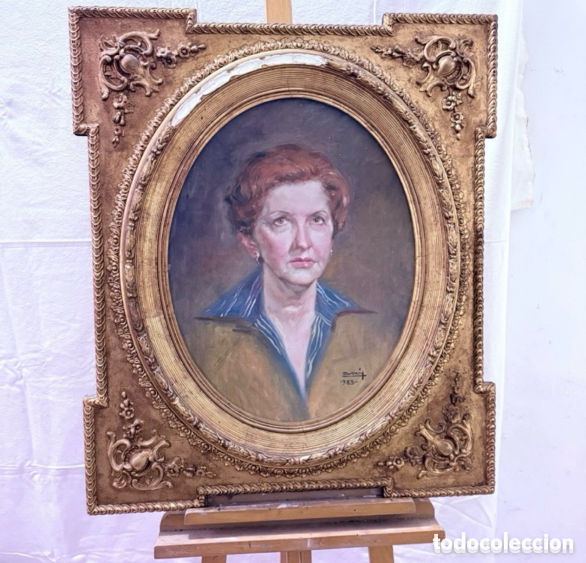 Arte: Retrato femenino. &Oacute;leo sobre lienzo firmado Dur&aacute;n 1983. Gran marco cl&aacute;sico