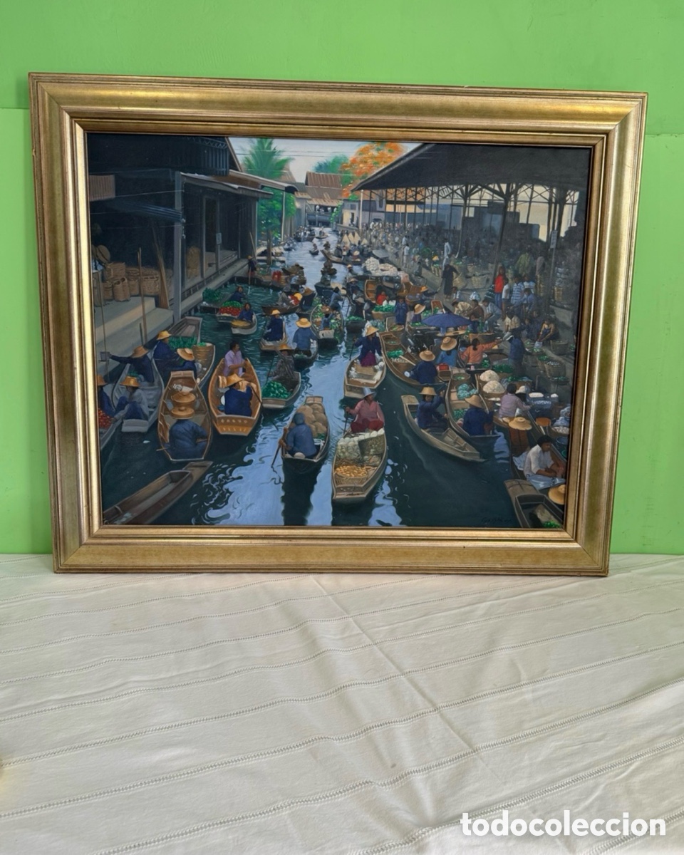 Arte: &Oacute;leo sobre lienzo firmado Gerasak 96 mercado flotante asi&aacute;tico gran formato . (110X92 cm) Ver fotos