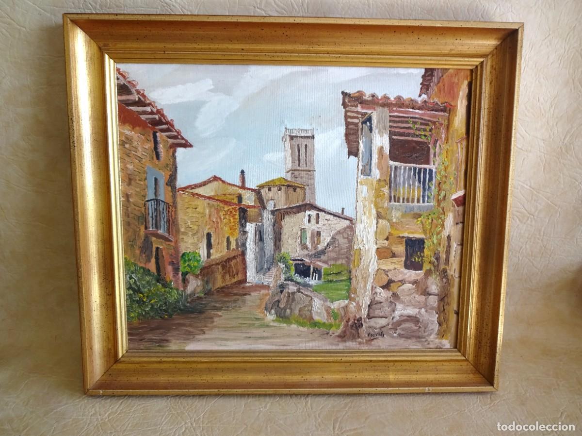 Art: cuadro oleo sobre tela y tabla paisaje pueblo rustico firmado por merivall