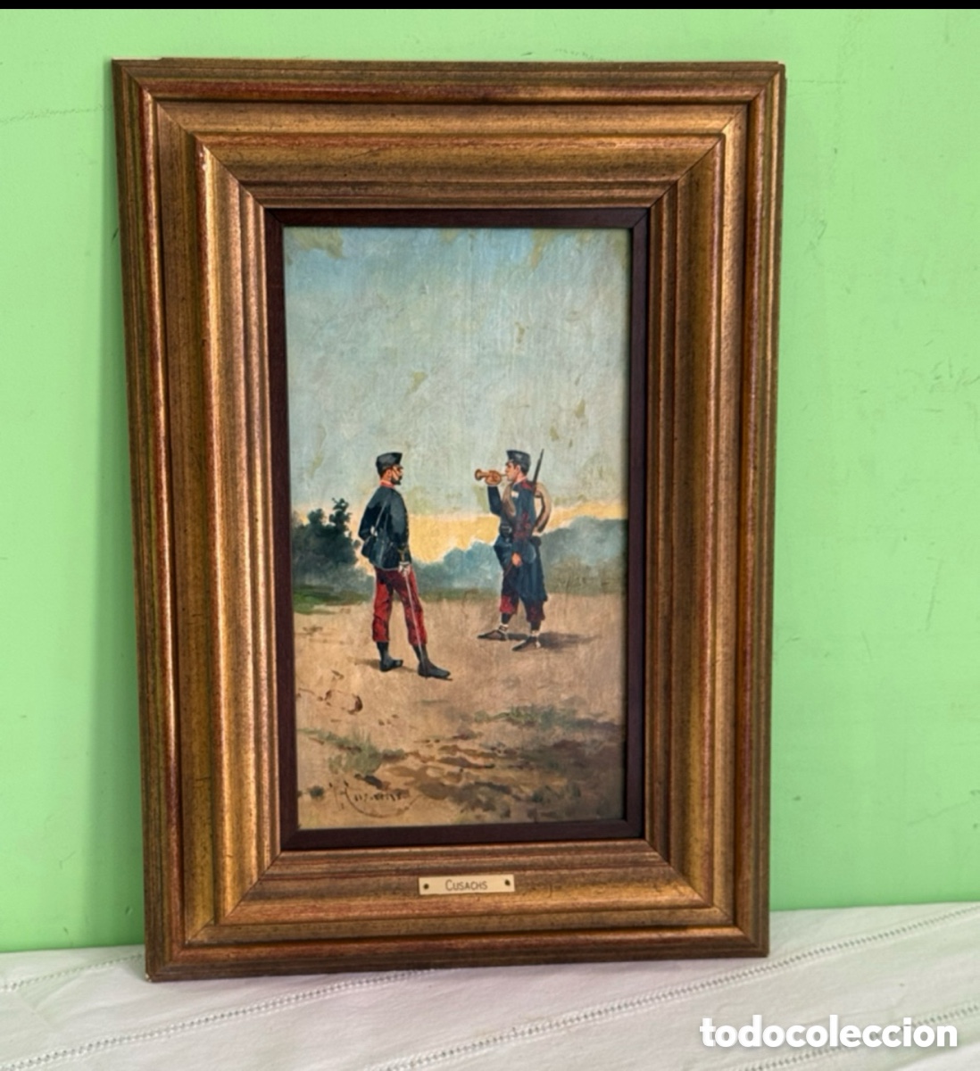 Arte: Cusachs. &Oacute;leo sobre tablex firmado y enmarcado escena militar soldados marco dorado.