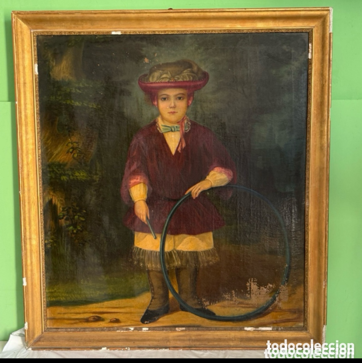 Arte: Antiguo &Oacute;leo sobre lienzo retrato ni&ntilde;o con aro siglo XIX. Grandes dimensiones. Medidas(127X115 cm) .